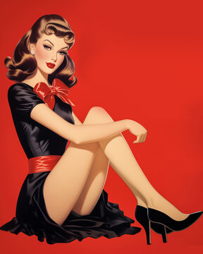 Retro 1960's pin up style advertising shot postcard of girl, woman in black dress and red background
