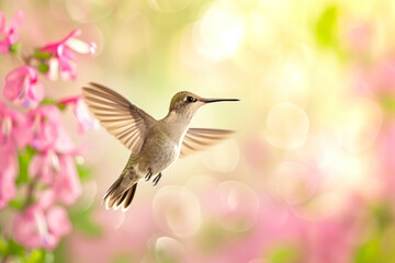 Graceful hummingbird in flight, an enchanting and delicate scene showcasing a hummingbird hovering in mid-air.
