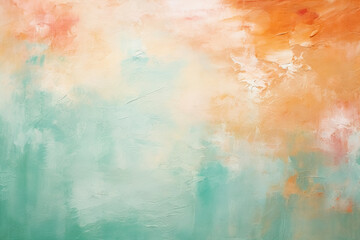 Abstract background with textured gradient soft pastel orange and green with distressed paint strokes and splatters on canvas