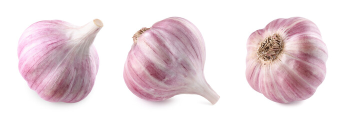 Fresh garlic bulbs isolated on white, set