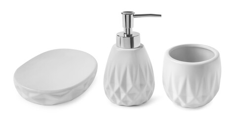 Bath accessories. Dispenser, holder and soap dish isolated on white, set