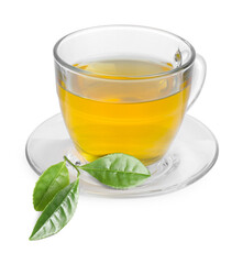 Green tea in glass cup and leaves isolated on white
