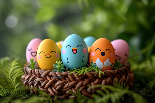 Colorful funny painted Easter eggs with cheerful faces in wicker basket on green natural background with bokeh effect, happy Easter greeting card