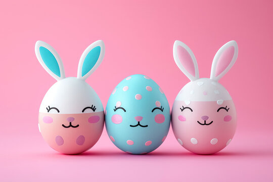Three funny painted smiling Easter eggs with bunny ears on pink background, happy Easter greeting card