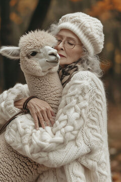 A serene elderly woman in a white knitted sweater embraces a young alpaca in an autumn setting. The image radiates warmth and care, suitable for themes of companionship and serenity.