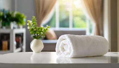 roll up of white towels on white table with copy space on blurred living room background