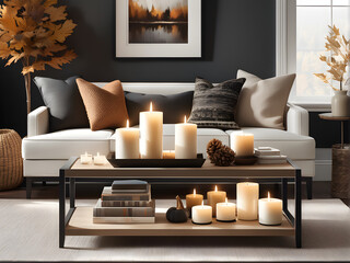Glowing Autumn Ambiance: Burning Candles on Coffee Table, Casting Soft and Flickering Charm