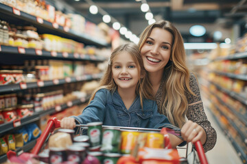 A beautiful woman and and her daughter shopping in a grocery store, demonstrating informed consumer. Brazilian woman.