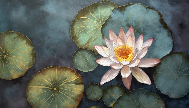 lotus flower in pond from above fine art water lily on dark paint canvas texture top view wallpaper japanese zen garden landscape vintage botanical background