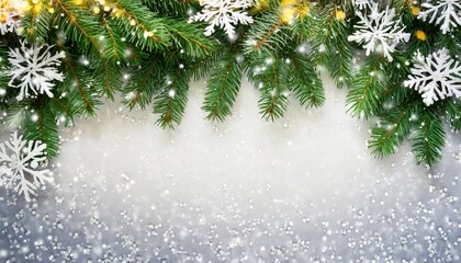 border of green christmas tree branches at the edge on background with sparkling white snowflakes on white background with copy space