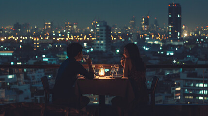 Fototapeta na wymiar A dynamic shot of a couple enjoying a rooftop dinner with a panoramic view of the city lights, adding a touch of urban romance to their summer retreat