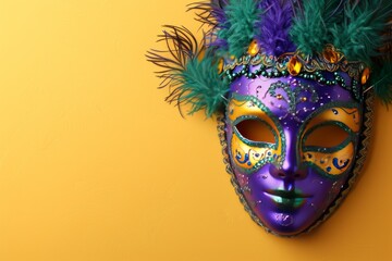 Mardi Gras mask with bead and feather decoration. perfect for carnival, party, halloween. copy space
