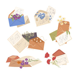 Set of romantic letters and envelops with greeting postcards, holiday mails, invitation card