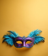 Colorful Mardi Gras mask with feather decoration. Perfect for carnival, party, holiday and themed concepts. copy space
