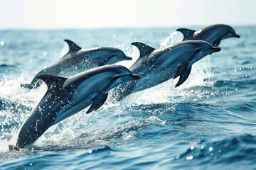 Fototapeta premium Playful dolphins in the ocean, a joyful and dynamic scene capturing a pod of dolphins leaping and playing in the open sea.