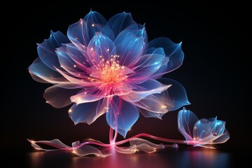 bright glowing abstract flower on a black background created using thin neon lines
