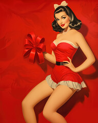 Retro 1960's pin up style advertising shot postcard of girl, woman in red clothes with gift in hand and red background