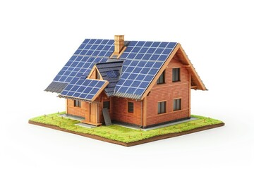 House with solar panels isolated on white background