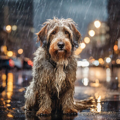 Trauriger Hund allein und naß im Regen