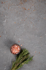 A sprig of fresh rosemary and coarse pink salt on a gray background