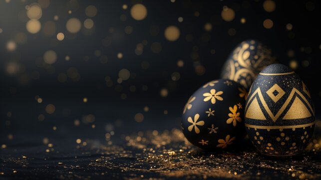Black easter eggs with golgen floral decor on black background with golden bokeh.