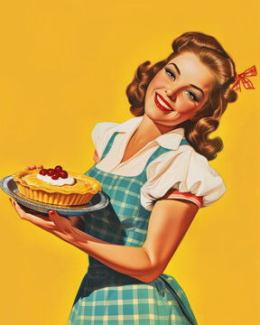 Minimalistic retro 1950's postcard of smiling woman housewife in blue dress with pie in her hands