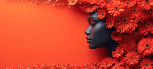 Portrait of a beautiful young girl in flowers on her head on a red background.