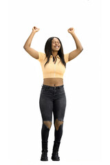 A woman, on a white background, in full height, raised her hands up