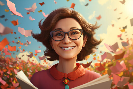 Smiling female teacher reading a book surrounded by fluttering pages against the blue sky.
