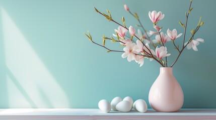 Easter eggs and spring flowers in vase on blue wall background