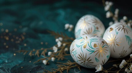 Fototapeta na wymiar Easter eggs with gold pattern on dark blue background
