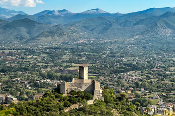 Fototapeta na wymiar Panorama of the city of Cassino in Italy, view from a hill famous for the history of World War II and from the Benedictine monastery of Monte Cassino