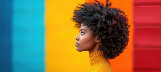 Portrait of beautiful young black woman on a bright background.