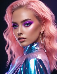 European beautiful woman with shiny holographic makeup