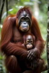 Naklejka premium An orangutan in a forest, sitting, with a censored area on its body, surrounded by greenery, ai generative