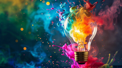 Innovative Blast: Vibrant Paint Splatter from Bulb. Creative colored light bulb explosion with shards and paint, a creative idea. Think different, concept. Business, ideas and the discovery of new 