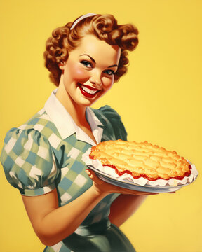 Minimalistic retro 1950's postcard of housewife woman smiling in blue dress and brown hair with pie in her hands on yellow background