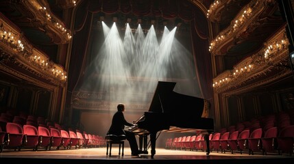 Elegant young man playing a piano on stage with spotlights