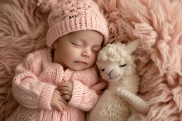 A sleeping baby in a pink knitted hat cuddles with a plush lamb on a fluffy peach fuzz color blanket. radiates innocence and is perfect for infant product and toy advertisements.