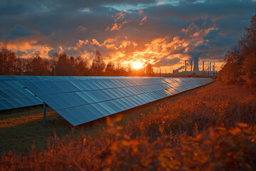 Field with solar panels and coal power plant - obrazy, fototapety, plakaty