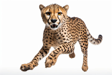 Cheetah charging toward the camera on a white background, feline front portrait.