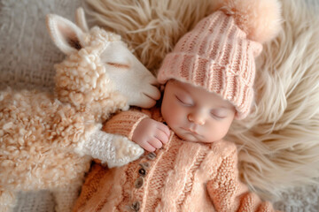 Infant in cozy attire cuddling with a baby lamb, on a fluffy peach fuzz color background. Suggests comfort and is ideal for baby product advertising and adorable babies sleeping.
