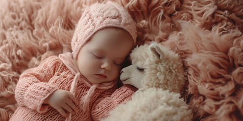 A newborn in soft pink garments sleeps beside a baby alpaca, set against a plush peach fuzz color background. This gentle scene is ideal for baby care publications.