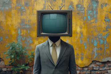 Businessman with a retro TV set instead of his head