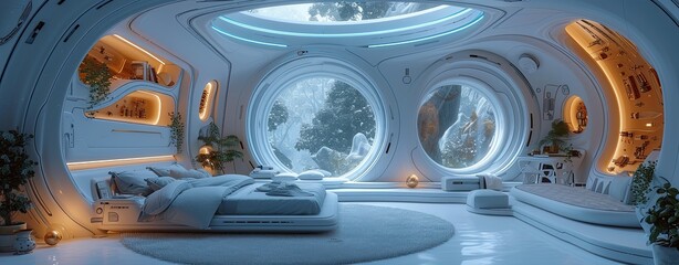 Futuristic-looking bedroom in blue neon tones, storybook style, ultra detailed, biomorphic, realistic detailing