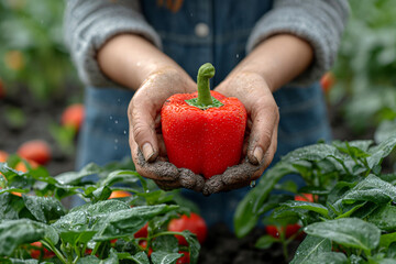 Hands of a woman holding red pepper in the vegetable garden.