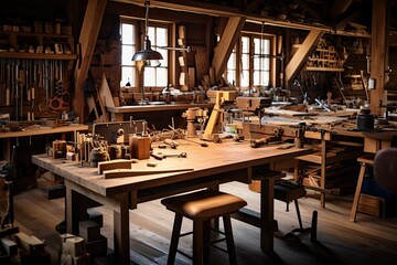 A carpenter workspace is adorned with saws, chisels, and a workbench stacked with various wood pieces.