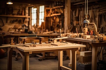 A carpenter workspace is adorned with saws, chisels, and a workbench stacked with various wood pieces. - obrazy, fototapety, plakaty