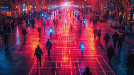 High-tech security on city street, with facial recognition cameras scanning pedestrians