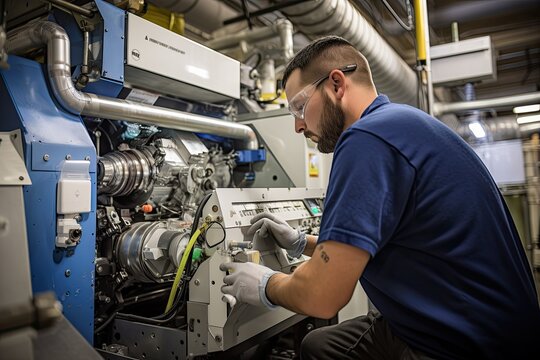Bustling factory floor, a skilled technician adjusts the settings on a sophisticated biomass processing machine.